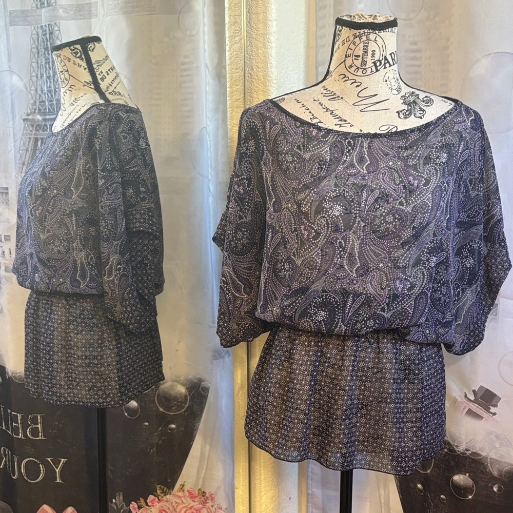 Miley Cyrus & Max Azria Purple Paisley Blouson Tunic Blouse